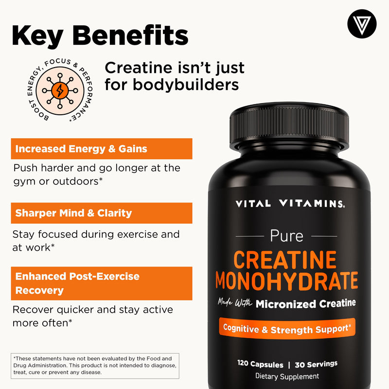 Vital Vitamins Creatine Monohydrate Pills, 3g for Women & Men | Supports Muscle Health, Energy & Cognitive Clarity, Micronized, Easy to Swallow, Non-GMO, 120 Capsules 120 Count (Pack of 1)