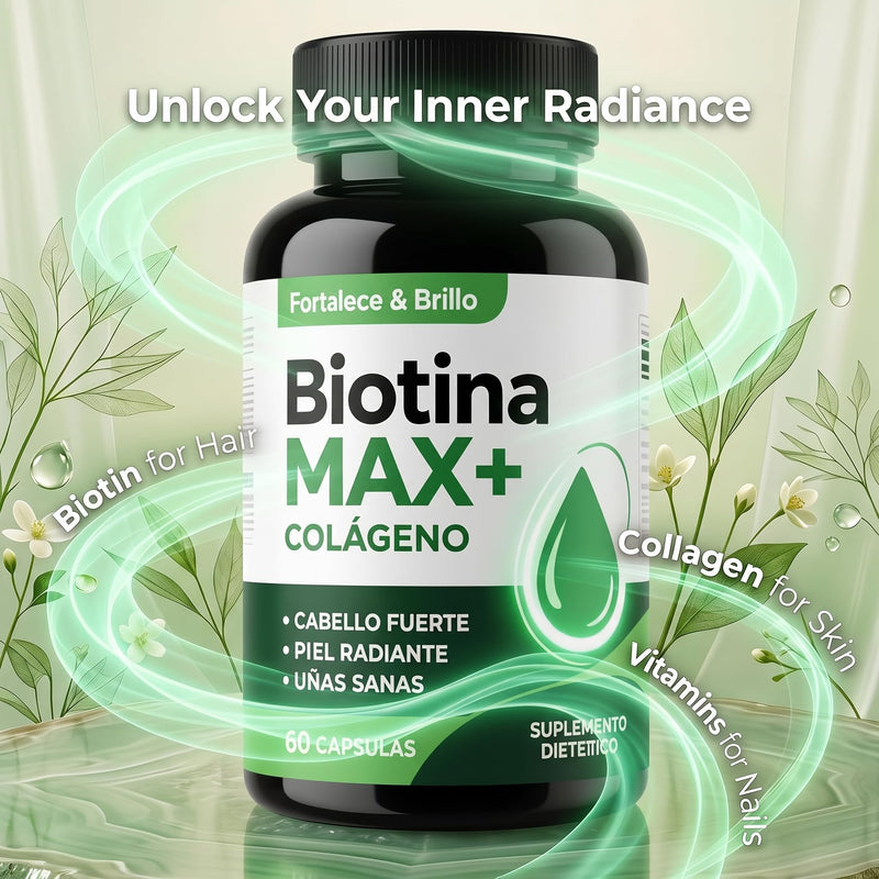 Biotina Max Colageno, Biotin and Collagen Supplements for Strengthens Hair, Improve Skin & Nails, with Vitamins A, B2, B3, B6 and Zinc, Gluten-Free, Non-GMO, 90 Capsules 1