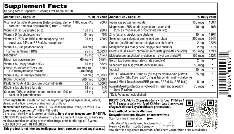 SFI Health Klaire Labs VitaPrime, 60 Capsules | Promote Immune Function & Support Nutritional Gaps, Iron Free Multivitamin for Women & Men