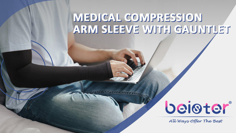 beister Lymphedema Medical Compression Arm Sleeve with Gauntlet for Men & Women (Single), 20-30 mmHg Full Arm Support. Large Black