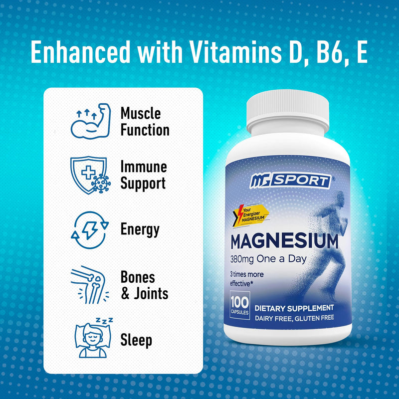 MgSport 100 Magnesium Supplement | High Intracellular Absorption Complex Formula, Vitamins B6, D, E, Supports Muscle Function and Sleep Quality, 100 Servings Unflavored 100 Count (Pack of 1)