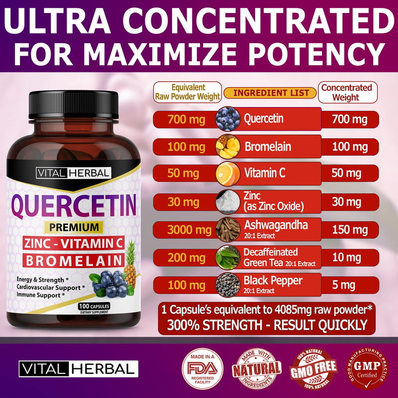 Ultra Quercetin High Purity 98% with Bromelain Capsules - Equivalent to 4085 mg Powder - Maximum Strength with Ashwagandha - Supports Overall Health Strength Energy (100 Counts) - BeesActive Australia