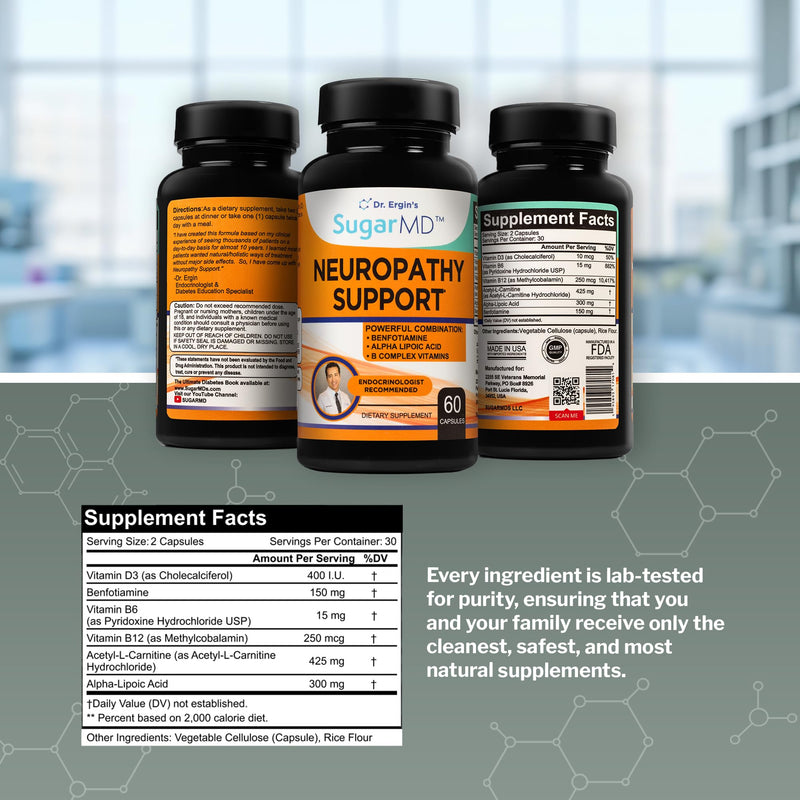 SugarMD Neuropathy Support Supplement – 60 Nerve Capsules with Alpha Lipoic Acid, Benfotiamine & Vitamin D3 B6 B12 - Nerve Support for Feet, Hands, Fingers & Legs - 30 Day Supply