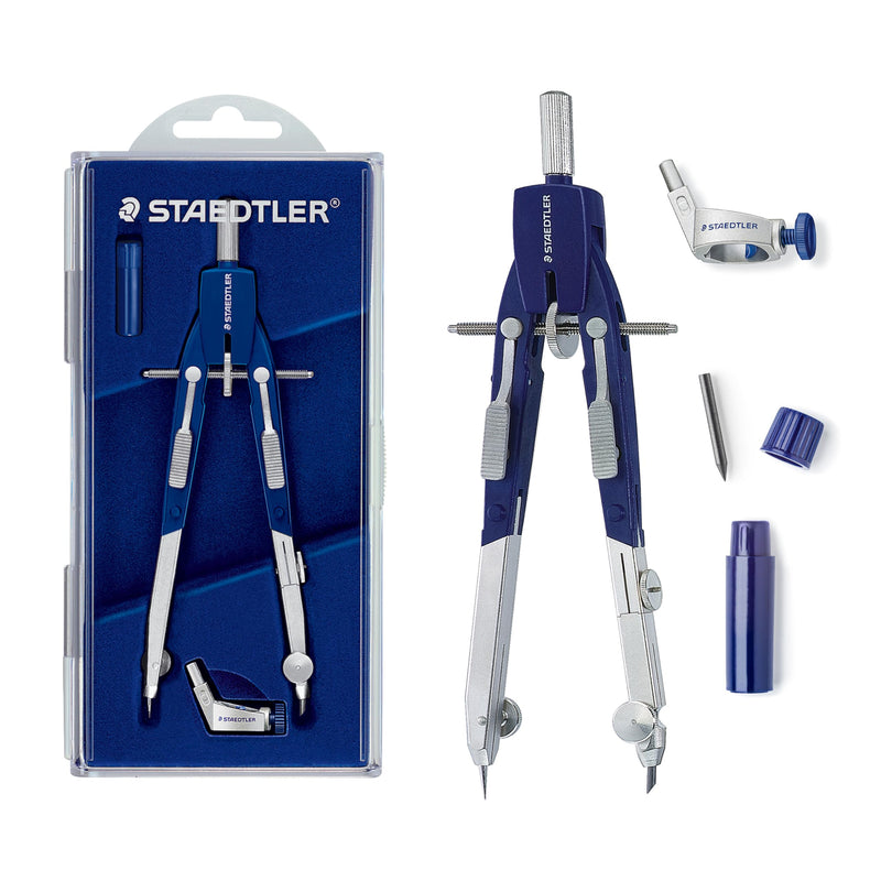 STAEDTLER Comfort Metal Quick Setting 6" Compass 2 Piece Set: Universal Adapter, Push-Button Mechanism & Extra Leads - Draws Circles up to 350mm 3 Piece Professional Set