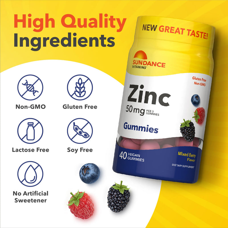 Sundance Zinc Gummies for Adults | 50mg | Mixed Berry Flavor | Vegan, Non-GMO and Gluten Free Supplement