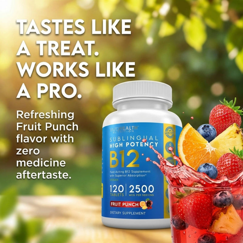 Vitamin B12 Sublingual: High Potency, Vegan B-12 with Methylcobalamin 120ct | Energy Boosting, Quick Dissolve Tablets for Metabolic & Brain Support with Refreshing Fruit Punch Flavor