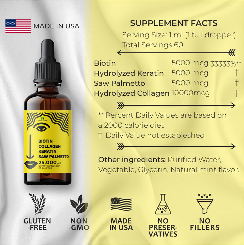 Liquid Collagen Supplements for Women - Comprehensive Formula Hair Skin Nails Supplement with 10000mcg Collagen 5000 mcg Biotin 5000 mcg Keratin 5000 mcg Saw Palmetto, Made in USA, 2fl oz