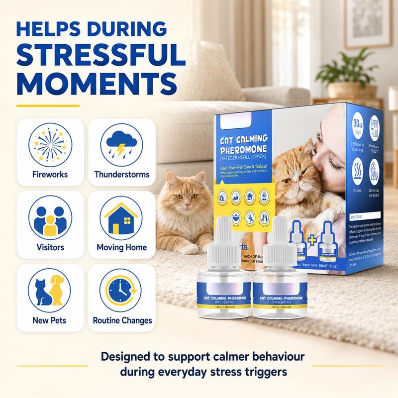 Cat Calming Pheromone Diffuser Refill 48ml (2 Pack) – 30 Day Drug Free Stress Relief for Cats, Multi Cat Homes, Scratching & Spraying Support