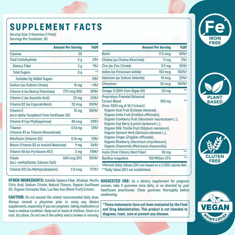 Quorinthiumax Prenatal Gummies Sugar Free 90 Count - Organics Prenatal Vitamins for Women with Folate, DHA & Probiotics - Iron Free Prenatal Vitamin Gummies for Immune & Digestive - 1 Bottle 90 Count (Pack of 1)