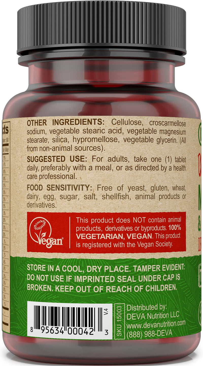 DEVA Vegan Iron-Free Multivitamin & Mineral Supplement, Vitamin C, D2, E & B-Complex, Biotin, 90 Tiny Tablets 90 Count (Pack of 1)