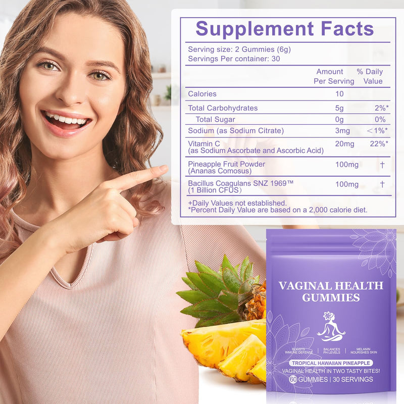 Vaginal Probiotics for Women pH Balance, Feminine Vag Odor Management, 1B CFU Bacillus Coagulans 1969, Dairy & Sugar Free, 60 Count Gummies, Daily Use