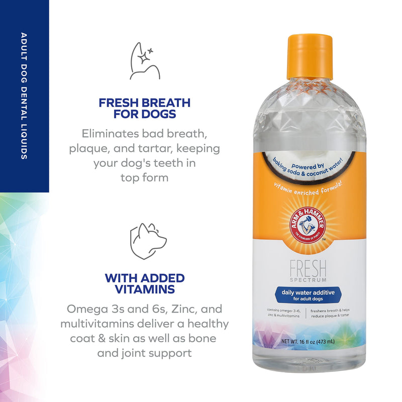 ARM & HAMMER Fresh Spectrum Coconut Mint Dog Water Additive, 473ml, Best Dental Care for Dogs, Removes Plaque & Tartar, Freshens Breath, Gum & Teeth Cleaning, No Brushing, Easy to Use Pet Oral Hygiene