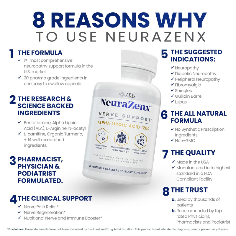 Zen Nutrients NeuraZenX Nerve Support & Peripheral Neuropathy Support Supplement with 1200mg Alpha Lipoic Acid (ALA), Benfotiamine, L-Carnitine, and Turmeric 120 Count (Pack of 1)