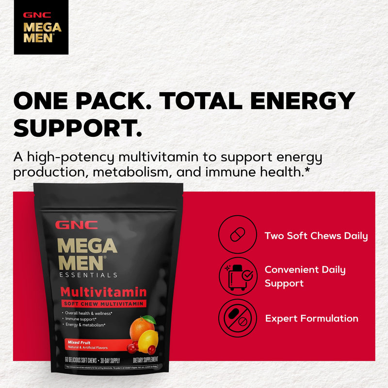 GNC Mega Men Soft Chew Multivitamin for Men | Energy & Metabolism Support | Gluten Free | Mixed Fruit | 60 Count | Supports Immune Health, Provides B Vitamins for Energy Production, Supports Carbohydrate Metabolism, Gluten-Free