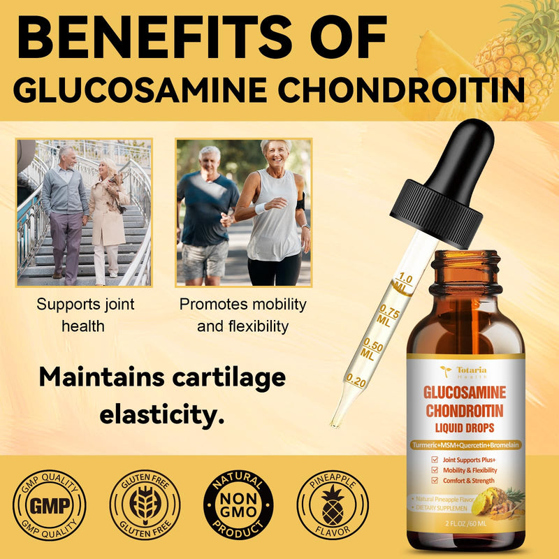 Glucosamine Chondroitin MSM Liquid Drops, Vitamin D3 - Joint Support Supplement for Mobility, Flexibility & Bones Chondroitin Sulfate Supplement Turmeric, Quercetin, Bromelain, MSM Oil 2 FL.OZ 2 Fl Oz (Pack of 1)