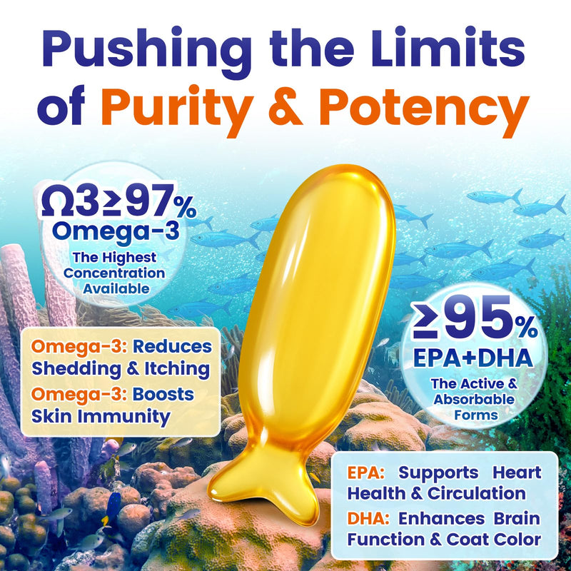 Fish Oil Pet Up to 97% Omega 3, 600 mg Omega 3 Per Soft Gel, Dog Fish Oil Supplement ≥95% EPA and DHA, Promotes Skin, Coat, Joint, and Immune Health, 100 Capsules