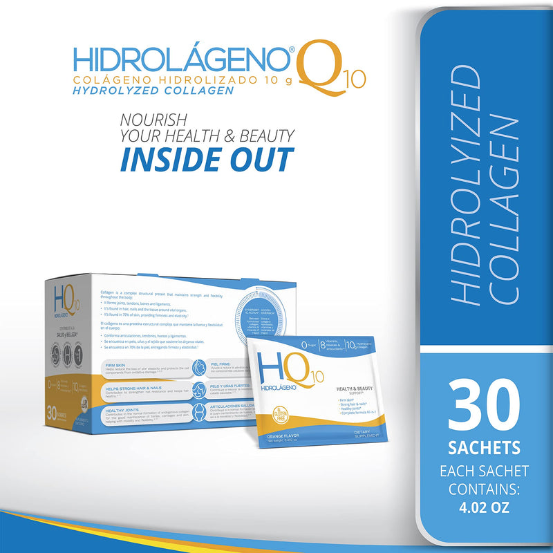 Hidrolageno Q10, Hydrolyzed Collagen, Vitamins, ZINC, Antioxidants, 30 sachets per Pack, 4.2 Ounce (Pack of 1)
