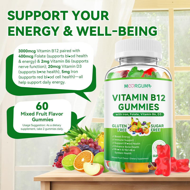 1 Pack Methyl B-12 3000mcg Gummies for Kids & Adults, Vitamin B12 (Methylcobalamin) with Vitamin B6, Folate & D3, Supports Energy, Metabolism & Immune Wellness, 60 Count 60 Count (Pack of 1)