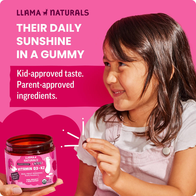 Llama Naturals Vitamin D3 K2 Gummies for Kids, Vegan, Organic, Children Toddler Vitamin D Gummies, Real Fruit Gummy Vitamins, No Added Sugar Cane, Raspberry, 120 Ct 120 Count (Pack of 1)