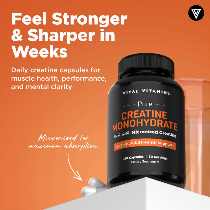 Vital Vitamins Creatine Monohydrate Pills, 3g for Women & Men | Supports Muscle Health, Energy & Cognitive Clarity, Micronized, Easy to Swallow, Non-GMO, 120 Capsules 120 Count (Pack of 1)