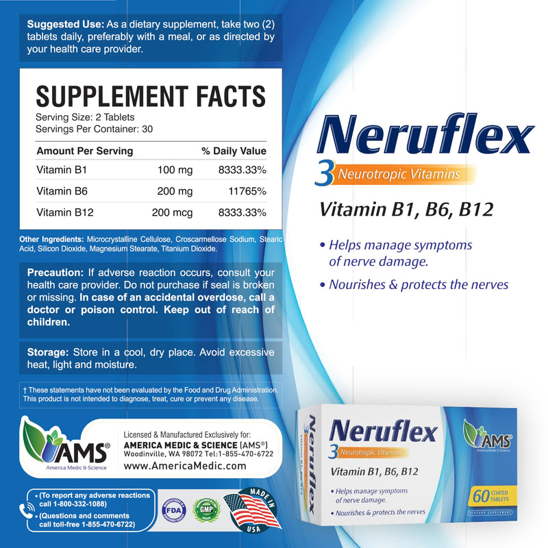 America Medic & Science NeruFlex 60ct – Nerve Support Supplement with Essential B-Vitamins – Supports Nervous System Health & Energy Production – 60 Tablets