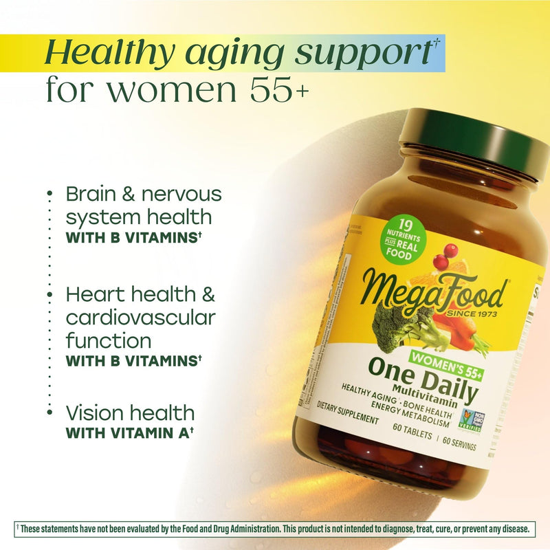 MegaFood One Daily Multivitamin for Women 55+ with 19 Nutrients, 90 Tablets | Supports Healthy Aging with Vitamin C, A, E, Cellular Energy Support with B Vitamins, D3 & Zinc, Vegetarian, 90 Servings 90 Count (Pack of 1)