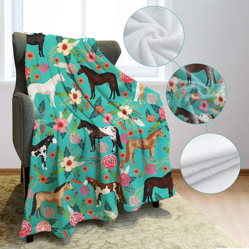 Flower Horse Throw Blanket Horse Green with Flowers Fleece Blanket Soft Warm Cozy for Sofa Couch Bed 50"x60" 50"x60" Flower Horse - BeesActive Australia