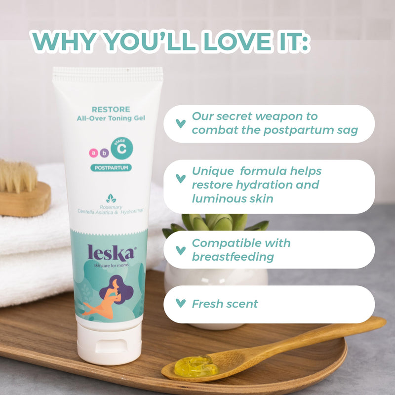 Leska Maternity Post-Pregnancy Gel | STAGE C: RESTORE All-Over Toning Gel (Postpartum) | Part of a Complete 3 Part Pregnancy Skin Care System | New Mom Gifts (4oz) 9+ Months, Toning Gel 1-Pack