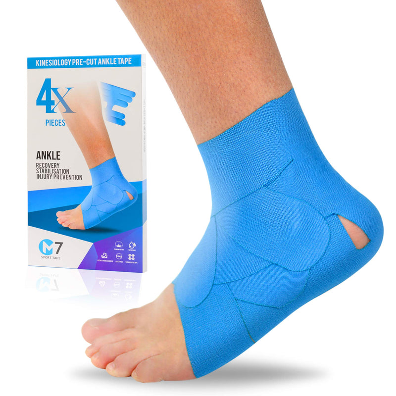 M7 Sport Kinesiology Ankle Tape for Ankle Sprain and Injury Recovery, Pain Relief Therapeutic Tape, Ankle Brace Compression Support, Plantar Fasciitis, Waterproof, Eases Swelling (Blue, 4-Pack) Blue