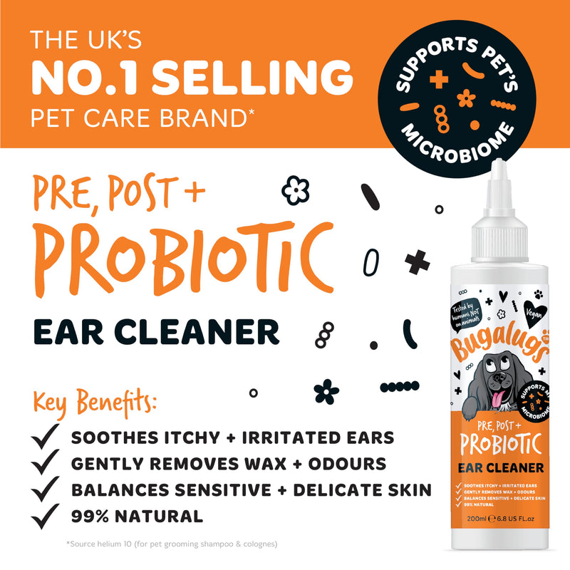 BUGALUGS Dog Ear Cleaner with Pro, Pre and Probiotics for dogs that helps soothe itchy ears, remove wax and odours plus dog ear drops support your dogs Microbiome (Probiotic Ear Cleaner 200ml) Probiotic Ear Cleaner 200ml