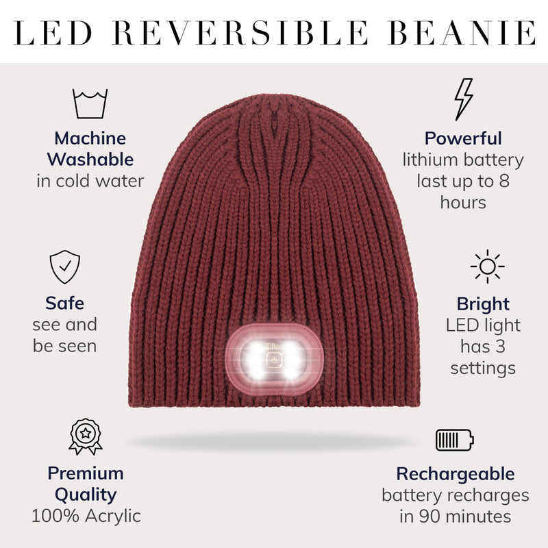 Headlightz® Reversible Knit LED Beanie – Rechargeable Lighted Hat, 2-in-1 Design, Machine Washable, Warm Winter Cap for Running, Dog Walking, Outdoor & Emergency Use - Wine