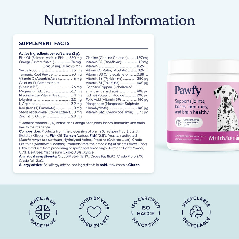 Pawfy Dog Multivitamin Chews | 23 Active Ingredients | Vitamins A B C D E & Omega 3 | Supports Joints, Bones, Immunity & Brain Health | Skin & Coat Support | All Life Stages | 60 Chews