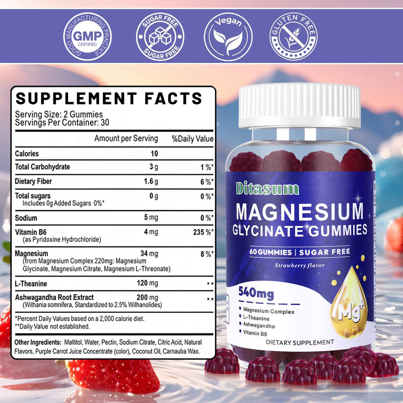 Magnesium Glycinate Gummies with L-Threonate, Vitamin B6, Ashwagandha 540mg per Serving, Sugar Free, Vegan, Relaxation & Nighttime Support, Strawberry Flavor, 60 Gummies 60 Count (Pack of 1)