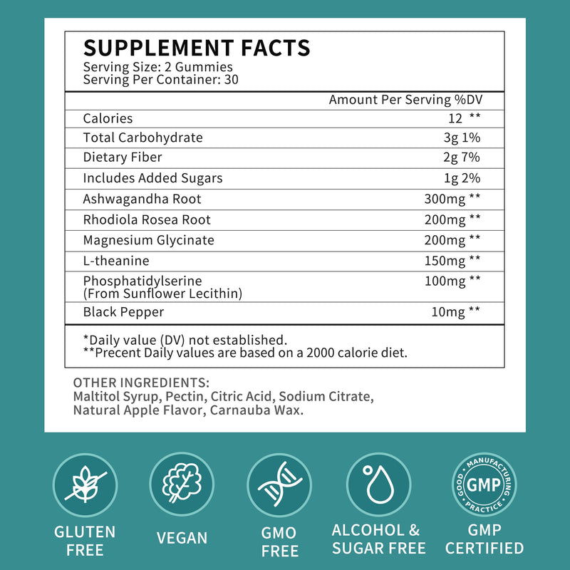 Cortisol Supplements Gummies for Women, Cortisol Reducer w.Ashwagandha Rhodiola Rosea Magnesium L-Theanine Phosphatidylserine Black Peper, Hormone Balanced & Lower Cortisol - 30 Day Vegan Supply 60 Count (Pack of 1)