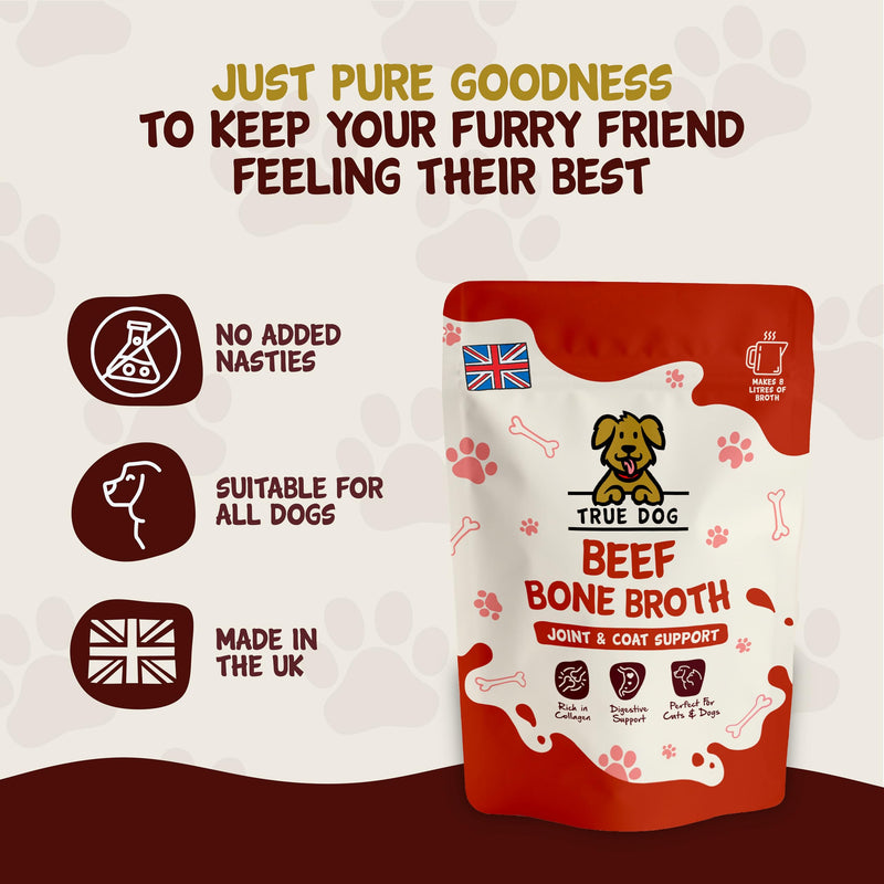 True Dog Beef Bone Broth Powder (250g) Contains Collagen for Dogs & Cats, Supports Puppy and Dog Gut Health and Joint Aid for Dogs, Cat Food Topper Suitable for Home Freezing - Natural Pet Supplement