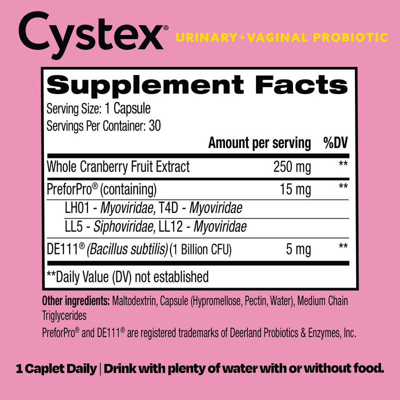 Cystex 3-in-1 Urinary Tract Probiotic for Women - Fast-Acting UTI & Yeast Infection Support with Prebiotics, Probiotics, & Cranberry - Supports Vaginal pH & Flora Balance - 30 Capsules Herbal Supplement