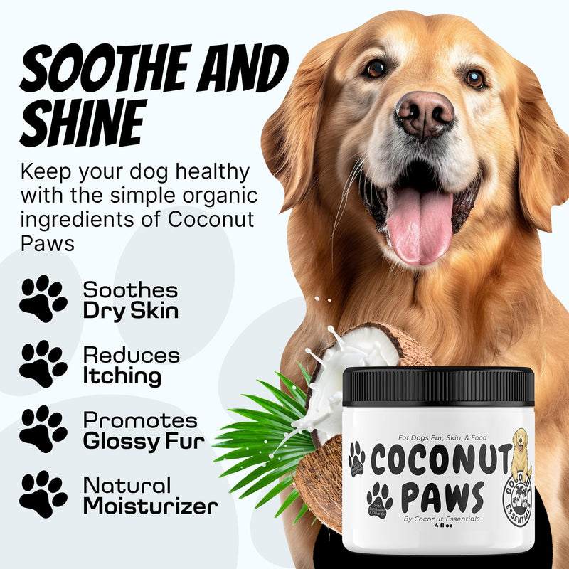 Coconut Essentials Coconut Paws - Dog Skin and Coat, Itching Relief, Hot Spot Treatment, Hair Loss, Cracked Paws, Elbows, Dry Nose | w/Organic Coconut Oil, Olive & Sunflower Oils | Vet Recommended 4oz