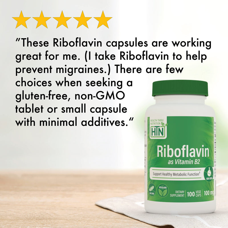 Health Thru Nutrition Riboflavin 100mg Vitamin B2 100 Vegecaps | Riboflavin Supplement | Supports Healthy Energy Metabolic Function & Nervous System, 3rd Party Tested, Non-GMO Hypoallergenic