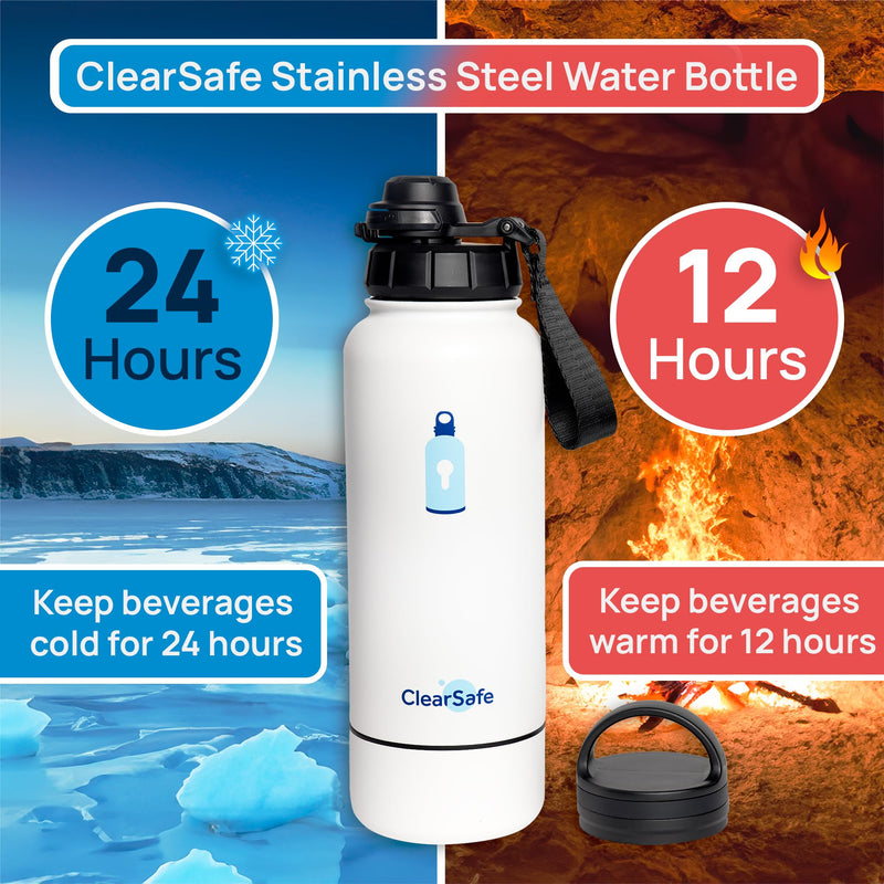 ClearSafe Insulated Stainless Steel Sports/Pet Water Bottle with Storage Compartment, 32 oz, White, 2 Lids, WB32White001 - BeesActive Australia