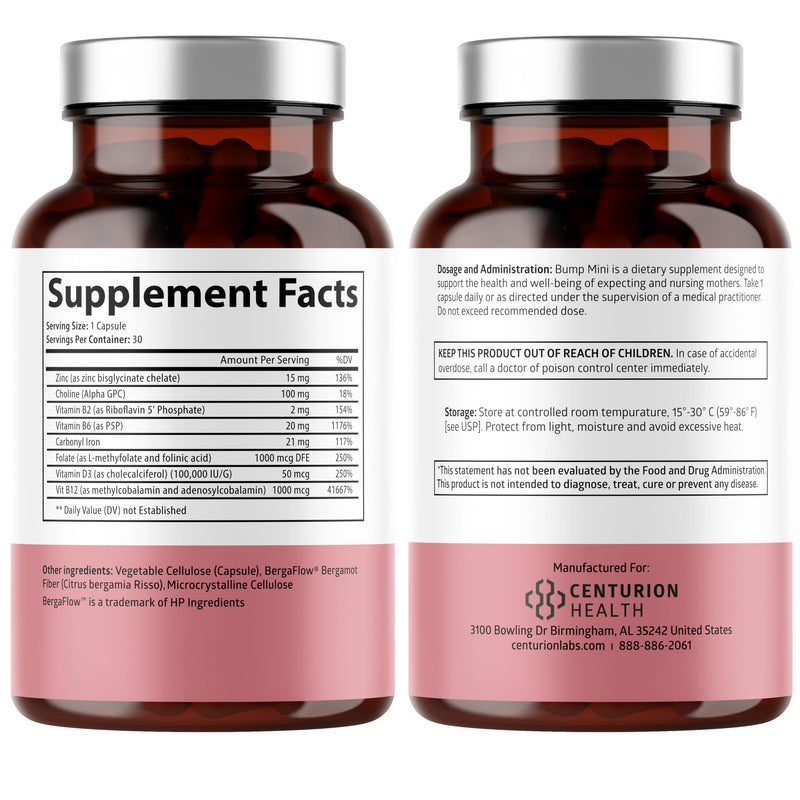 Centurion Health Bump Mini Complete Prenatal Vitamins for Women with Folate, Choline, Carbonyl Iron, Zinc, Vitamin D3 and Vitamin B12 for Fetal Development and Pregnancy Support, 30 Caps