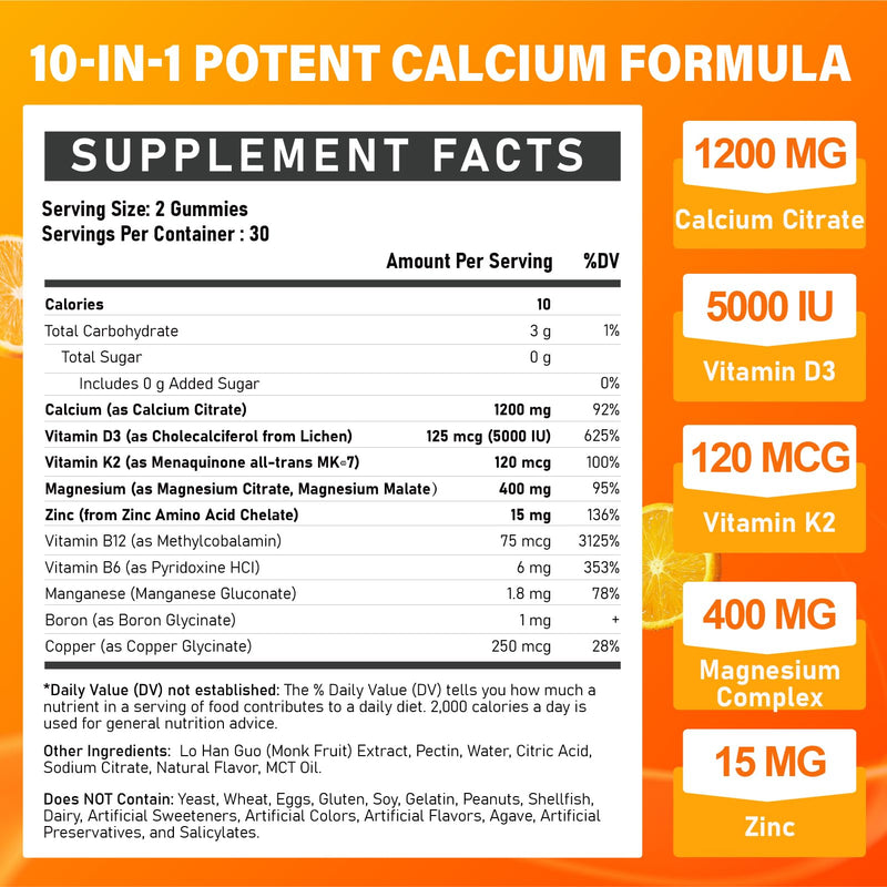 Calcium 1200 mg with Vitamin D3 for Adults: Calcium Supplement Gummies | with 5000iu Vitamin D3, K2, B6, B12, Magnesium & Zinc for Women Men - Easy to Digest, Vegan, Sugar Free, 60 Gummeis Orange 60 Count (Pack of 1)