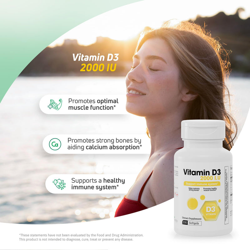 Vitamin D3 2000 IU Softgels Immune Bone Muscle Support 100 Count
