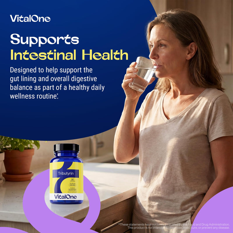 VitalOne Tributyrin 250 mg Supplement | Single Ingredient Butyrate Prodrug | Gut & Digestive Support | Clean Label | 1 Capsule Daily | 90 Capsules