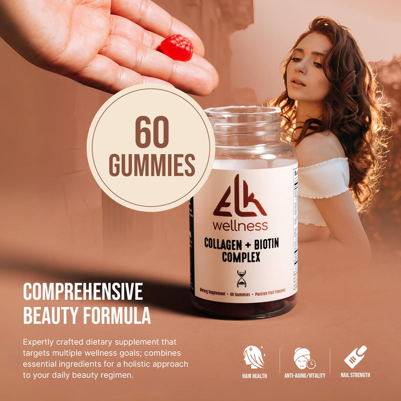 Collagen + Biotin Gummies for Hair, Skin & Nails - 60 Gummies | Biotin Collagen Supplement, Hair Growth Vitamins, Multi-Vitamin Beauty Blend, Passion Fruit Flavor, Non-Gmo Gmp-Certified