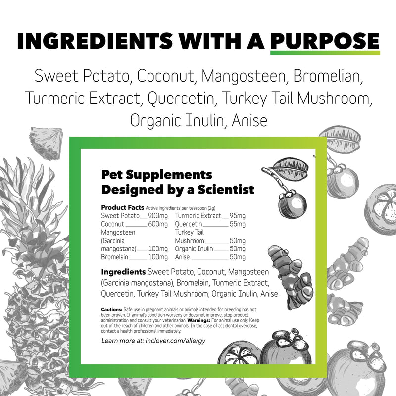 InClover Natural Dog and Cat Allergy Relief Supplement with Turmeric, Mangosteen, and Bromelain - for Pets with Seasonal or Environmental Allergies. Supports Immunity and Maintains Histamine Levels