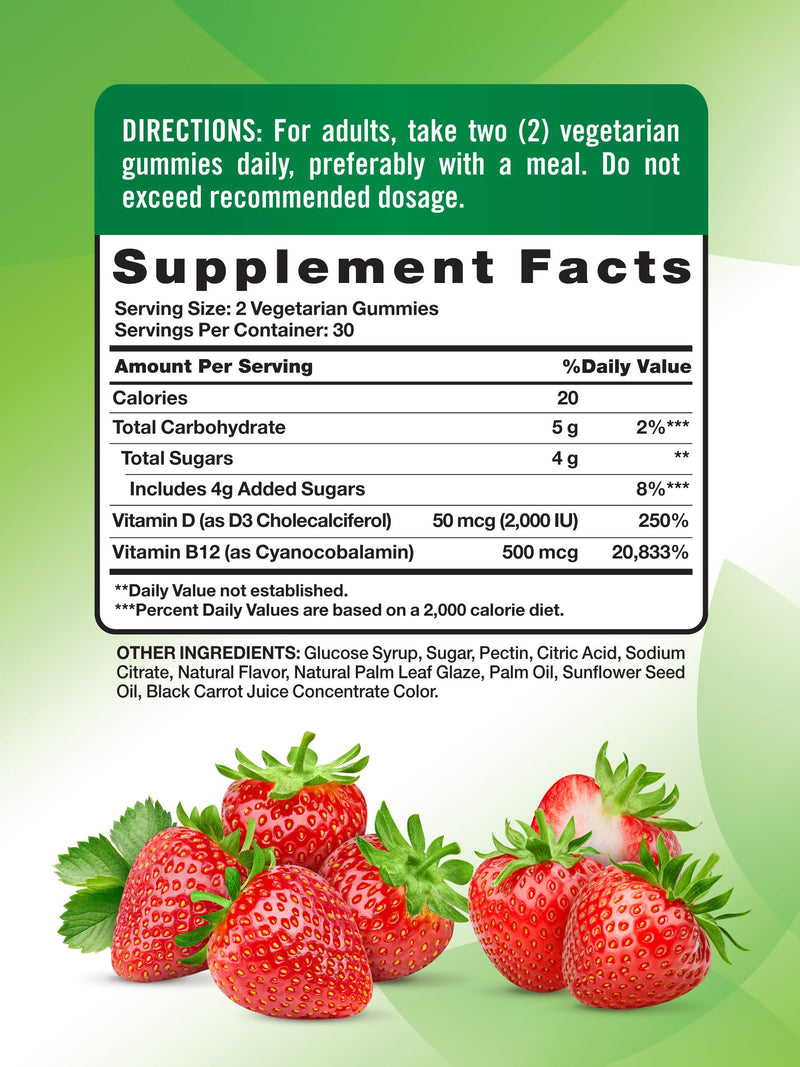 Nature's Truth Vitamin D3 and B12 Gummies for Adults | 60 Count | Strawberry Flavor | Vegetarian, Non-GMO & Gluten Free Supplement | Strawberry Flavor | Vegetarian, Non-GMO & Gluten Free Supplement 60 Count (Pack of 1)
