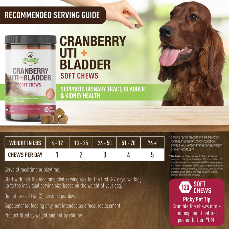 Strawfield Pets Cranberry Bladder & UTI Chews for Dogs D-Mannose + Vitamin C for Urinary Tract Support Bacon Flavored Soft Chews 120 softchews Hickory Bacon