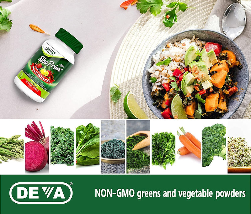DEVA Tuba Prime Vegan Multivitamin Iron-Free High-Potency Vitamin & Mineral Dietary Supplement Antioxidants, Fruit & Veg Blend, Super Mushrooms, Probiotics, Prebiotics, Seeds, Herbs 90 Tabs 2-Pack (Pack of 2)
