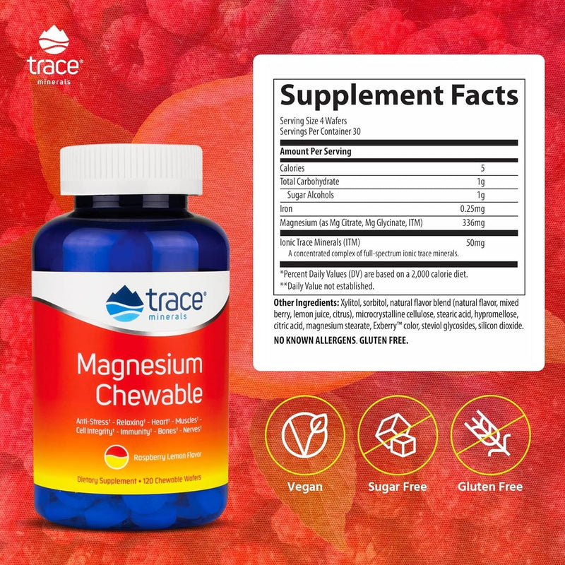 Trace Minerals Magnesium Chewable, Raspberry Lemon, 120 Count | Sugar free chewable magnesium that promotes a calm mood, focus, and muscle relaxation. 30 servings.