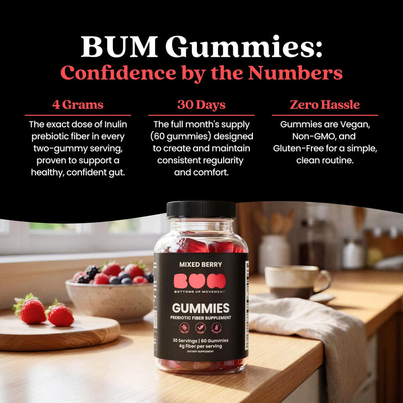 Bum Prebiotic Fiber Supplement for Men - Chicory Root Inulin Prebiotic Fiber Gummies for Men for Peachy Digestive Health, Regularity & Boating Relief - 4g Per Serving - 60 Gummies (30 Servings) 60 Count (Pack of 1) Pack of 1